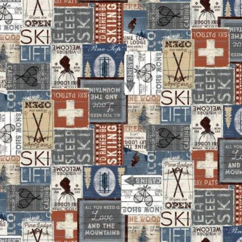 Ski Signs Fabric Snow Mountain by Clothworks Quilting Fabric / Winter