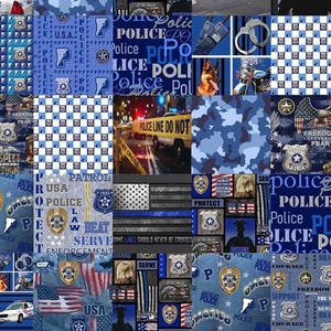 May include: A fabric print featuring a collage of law enforcement themes including police badges, the text Police, American flags, a thin blue line flag, handcuffs, a German Shepherd, a police motorcycle, and yellow police line caution tape.