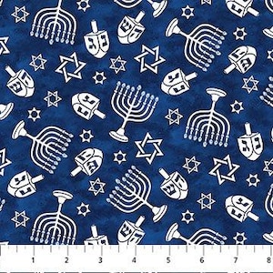 Hanukkah Fabric - Menorahs Dreidels Star of David on Navy Fabric, Starlight Collection by Northcott Fabrics, Material Yardage & Fat Quarters