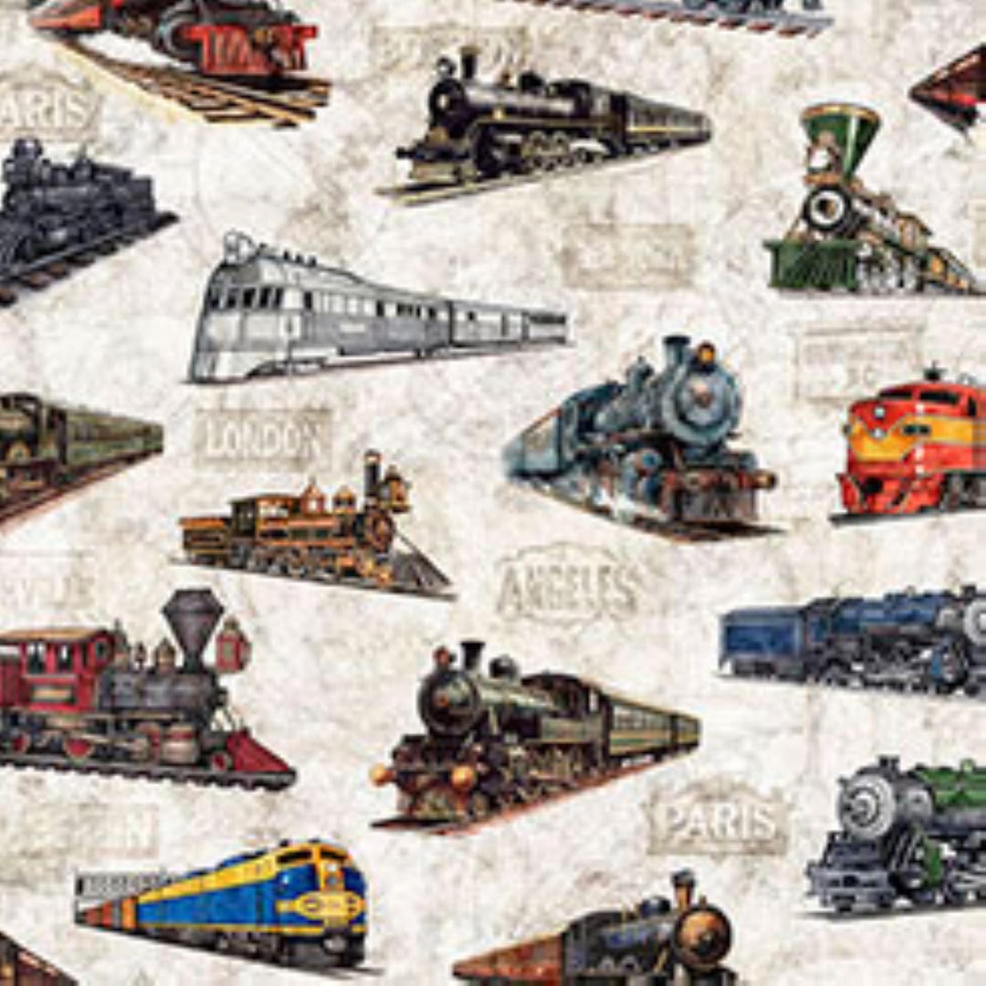 Trains on Birch Steam and Steel Fabric, QT Novelty Cotton Fabric ...