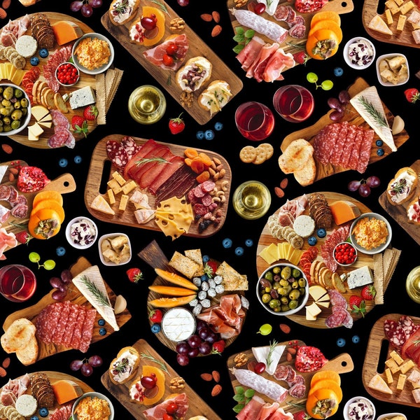 Charcuterie  Board Fabric / Food Fabric / Favorite Foods Snack Tray Toss / Elizabeth Studio  682-Black / by the yard and Fat Quarters