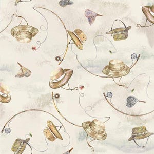 May include: A repeating pattern featuring watercolor illustrations of tan fishing hats, curved fishing rods with reels, and small mesh landing nets. The design is set against a light cream background with soft, muted gray and green watercolor washes.