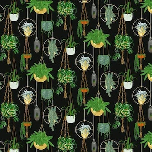 May include: A repeating pattern on a black background featuring various potted plants in hanging planters. The design includes gold circular frames, macrame-style rope hangers, and green foliage in diverse containers, including gold bowls and white pots.