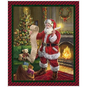 Santa with List Checking it Twice Christmas Santa Clause 36&quot; Panel / Holiday Fabric Panels / Christmas Fabric Panel