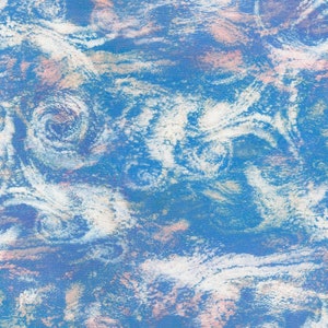 May include: Abstract painting with swirling white and light blue patterns on a blue background.