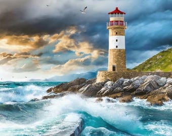 Stained Glass Lighthouse Beacon Light Stormy Ocean Waves Fabric