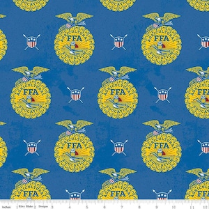 Emblemas de la FFA en tela azul / La FFA renovada por Riley Blake / Future Farmers of America, yardas de tela de algodón y cuartos de tela