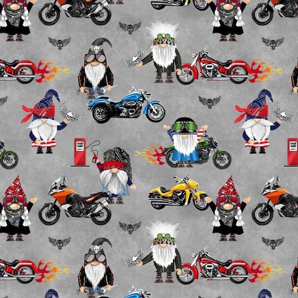 Motorcycle Gnome / Motorcycle Fabric By The Yard / Timeless Treasures Motorcycle Fat Quarter and Yardage