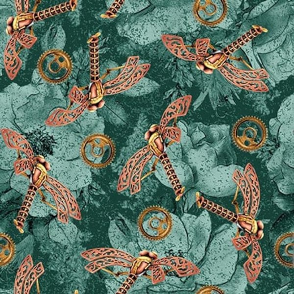 Steampunk Fabric, Dragonflies on Teal Fabric, Time Travel Collection by Blank Quilting Fabric Material Yardage and Fat Quarters Available