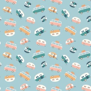 Camping Fabric, Live Love Glamp Campers on Mist Camper Fabric by Riley Blake Designs Fabric Yardage and Fat Quarters