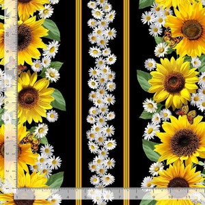 May include: A fabric design featuring sunflowers, daisies, and butterflies on a black background. The sunflowers are yellow with brown centers, and the daisies are white. The design includes vertical stripes with yellow borders.