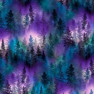 Puede incluir: Un patrón de tela que presenta un bosque denso de siluetas oscuras de pinos sobre un fondo vibrante y arremolinado de colores púrpura intenso, magenta y verde azulado que se asemeja a una nebulosa o a la aurora boreal.