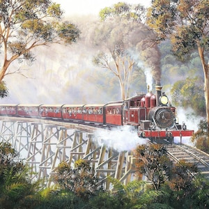 May include: A red vintage steam train with white smoke billowing from the chimney, traveling across a wooden trestle bridge through a lush green forest.