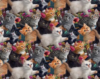 Packed Kittens at Play Cats Cotton Fabric, David Textiles