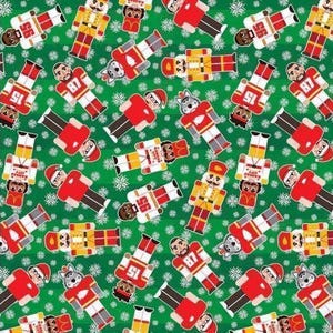 May include: A green fabric pattern featuring a repeating print of football players in red and white uniforms with the numbers 15, 87, and 95, alongside nutcracker figures and wolf mascots, all interspersed with small white snowflake designs.