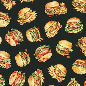 May include: A black fabric featuring a repeating pattern of illustrated cheeseburgers and french fries. Each burger includes a sesame seed bun, lettuce, tomato, onion, pickles, and a meat patty, accompanied by a small side of golden fries.
