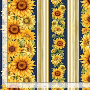 Tessuto a strisce con bordo di girasole, fattoria di girasoli / Tessuto con grandi girasoli frondosi / Giardino di girasoli Timeless Treasures