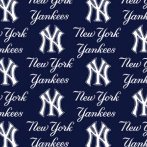 May include: A dark navy blue fabric featuring a repeating pattern of the white New York Yankees logo and the text New York Yankees written in a white cursive script font. The design is arranged in a grid-like layout across the entire surface.
