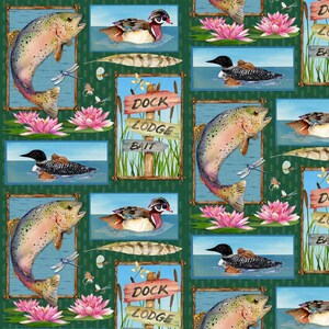 Peut inclure: Un motif sans couture présentant une variété d'illustrations inspirées de la nature, notamment une truite, un huard, un canard branchu et des nénuphars. Le motif comprend également une pancarte indiquant "Dock Lodge Bait".