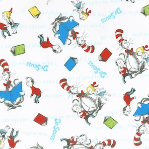 Dr Seuss Fabric by the yard / The Cat in the Hat Fabric / Robert Kaufman  72586-1 Cat in the Hat Books / Dr Seuss yardage & Fat Quarters