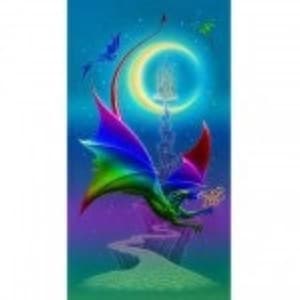 May include: A vibrant, multi-coloured dragon with rainbow-hued wings flies against a deep blue night sky. A glowing yellow crescent moon illuminates a tall, slender castle tower rising from a rocky path below, surrounded by small flying creatures.