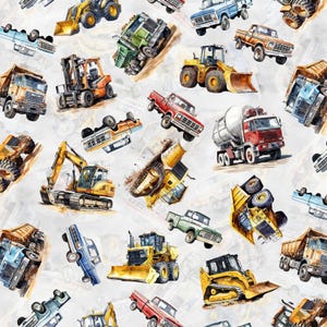 Trucks and Heavy Equipment on Light Gray Fabric, Hammer Down by Hoffman, Novelty Material Yardage & Fat Quarters
