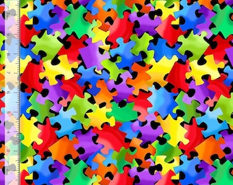 Puzzle Pieces Fabric / Jigsaw Puzzle Fabric / Puzzle Star Autism Awareness Fabric by the yard, Timeless Treasures Yardage & Fat Quarters