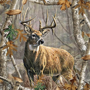 Deer Quilt Fabric Panel / Realtree Deer in Woods Realtree Edge Plank 36x44 inch  / Digital Buck Deer Fabric Panel / Sykel MilitaryFabrics