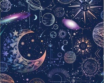 Universumskymning på blått tyg, himmelshimlen av Benartex Fabrics / Natthimmel Rymd Materiallängd & Fat Quarters