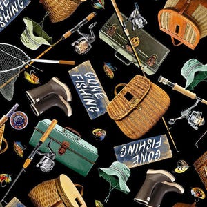 Fishing Gear on Black Fabric / Hunting and Fishing Fabric / Fishing Gear Fabric / Timeless Treasures c6403 /  Fishing Yardage & Fat Quarters