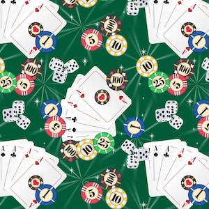 ポーカーカードとチップ ポーカーゲーム グリーン生地 1ヤードあたり / ゲームナイト ファブリック マンケイブ by David Textiles ヤーデージ & ファットクォーター