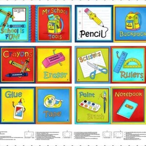 May include: A colorful educational poster featuring twelve square panels with cartoon illustrations of school supplies. Each panel includes the item name in text, such as Pencil, Backpack, Crayons, Eraser, Scissors, Rulers, Glue, Tape, Paint, Brush, and Notebook.
