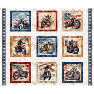 Motorcycles Picture Patches Fabric Panel 36'x43" / Stars, Stripes, & Steel collection Quilt Fabric Panel QT Fabric Panel