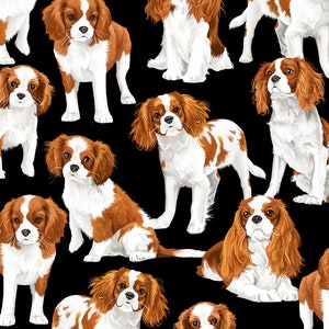 Könnte beinhalten: Ein sich wiederholendes Muster von Cavalier King Charles Spaniel Hunden auf schwarzem Hintergrund. Die Hunde sind in Braun-, Weiß- und Beigetönen dargestellt und weisen detailliertes Fell und Gesichtsausdrücke auf. Das Design bildet ein nahtloses, sich wiederholendes Muster.