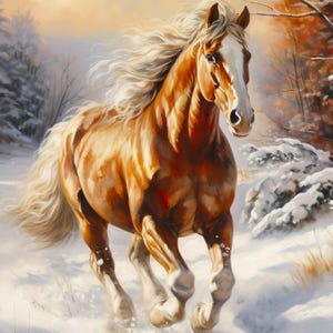 Horse Fabric Panel / Running Horse First Snowfall in Winter Panel 36&quot; Quilt Panel / Running Horses Quilt Panel / David Textiles Horse Panel