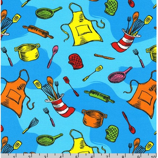 Katze im Hut Stoff / Dr Seuss Meterware / Robert Kaufman Seuss Chef on Blue / Doctor Seuss Meterware