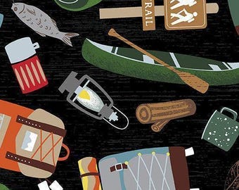 Gone Camping Motifs / Moose creek Fabric Collection by Benartex / Camping, Hunting, Wilderness, Wildlife Fabric Yardage & Fat Quarters