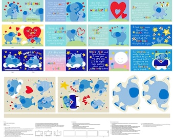 Peut inclure: Un panneau en tissu présentant plusieurs illustrations d'éléphants bleus, de cœurs rouges, d'étoiles jaunes et du texte pour un livre pour enfants. Les scènes montrent des éléphants interagissant entre eux, des nuages et des éléments célestes, avec des instructions imprimées en bas.