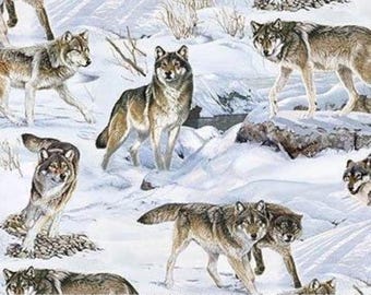 Wolf Fabric / Wolves in Snow Overall Wild at Heart by Northcott Fabrics Wolves Yardage and Fat Quarters available