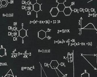 Black chemical formula fabric Robert Kaufman, Science Fair fabric 14737-2 / Yardage and Fat Quarters / Black & White Science Fabric