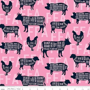 Tela FFA Meat Cuts / Tela FFA Pink Yardage / Tela para colchas Future Farmers of America / Riley Blake C7214 Pink / Yardage y Fat Quarters