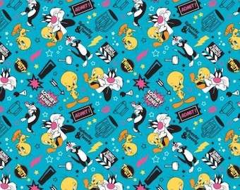 Looney Tunes Sylvester and Tweety on Blue Fabric / Looney Toons II Fabric by Camelot By The Yard and Fat Quarters Available