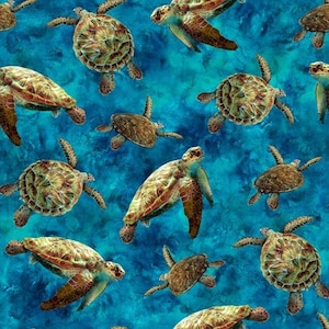Meeresschildkröten auf Türkis Blender Fabric / Ocean Life Material / Tides of Color, Hoffman California Fabrics, Ocean Fish Fat Quarter & Meterware