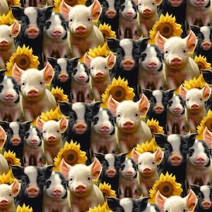 Piglets with Sunflowers Fabric / Baby Pigs Playing Allover Fabric Hello Sunshine by David Textiles Farm Animal Fabric Yardage & Fat Quarters