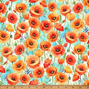 Könnte beinhalten: Ein nahtloses Stoffmuster mit einem sich wiederholenden Design aus orangefarbenen Mohnblumen auf weißem Hintergrund mit einem blauen Aquarell-Waschgang.