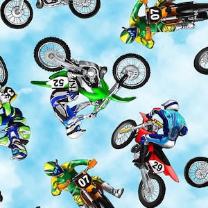 Motorbikes Motocross / Dirt Bikes on Blue Motorcycle Fabric By The Yard / Timeless Treasures C8993 Motorcycle Fat Quarter and Yardage