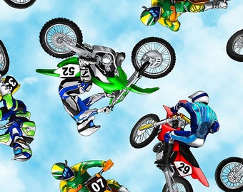 Motorbikes Motocross / Dirt Bikes on Blue Motorcycle Fabric By The Yard / Timeless Treasures C8993 Motorcycle Fat Quarter and Yardage