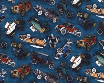 Vintage Car Fabric / On The Road  Vintage Cars on Indigo from Fabric Robert Kaufman Car Fabric  / Fat Quarters, By The Yard & Yardage