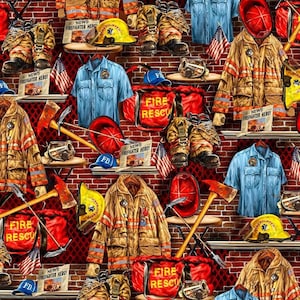Fire Fighter Fabric / Fire Fighter Equipment, Hometown Fabric by the Yard by Timeless Treasures Fire Trucks Fat Quarters & Yardage