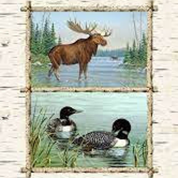 Along the Valley Loons, Moose Woods Wild Animal Blocks Fabric Panel,  24"  Panel by Studio-E Fabrics